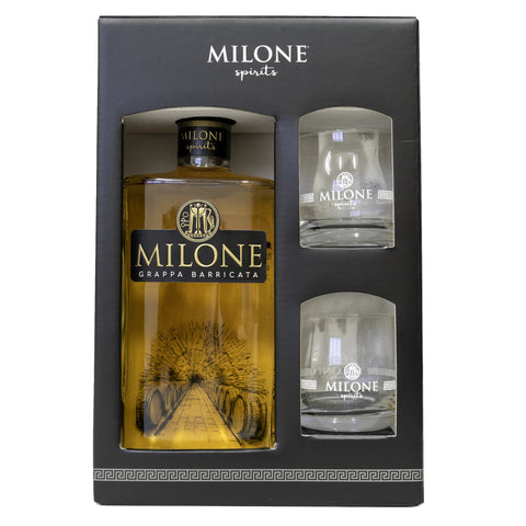 Gift Box Grappa Barricata Invecchiata Milone con due bicchieri