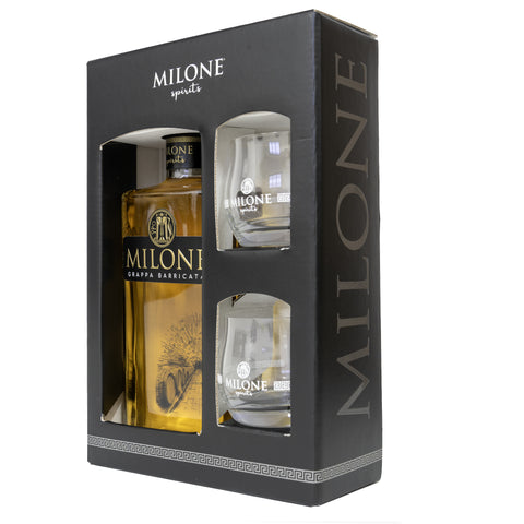 Gift Box Grappa Barricata Invecchiata Milone con due bicchieri